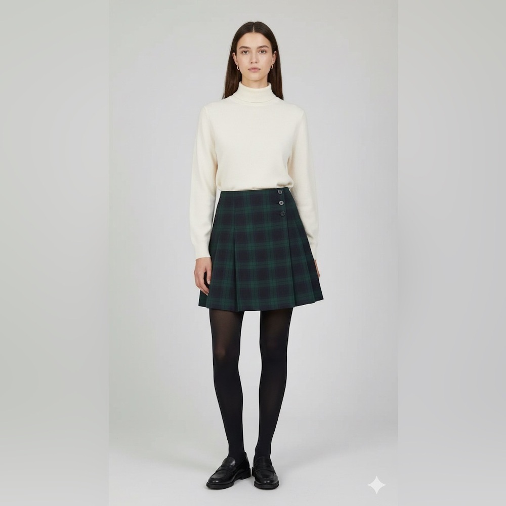 Vintage 90s izod classic tartan green/navy pleated skirt size medium